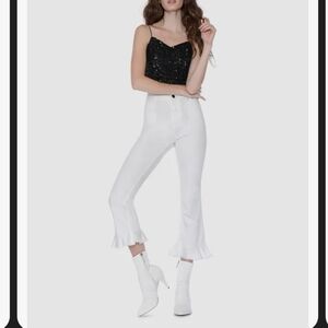 Alice + Olivia White Ruffle Hem Jeans